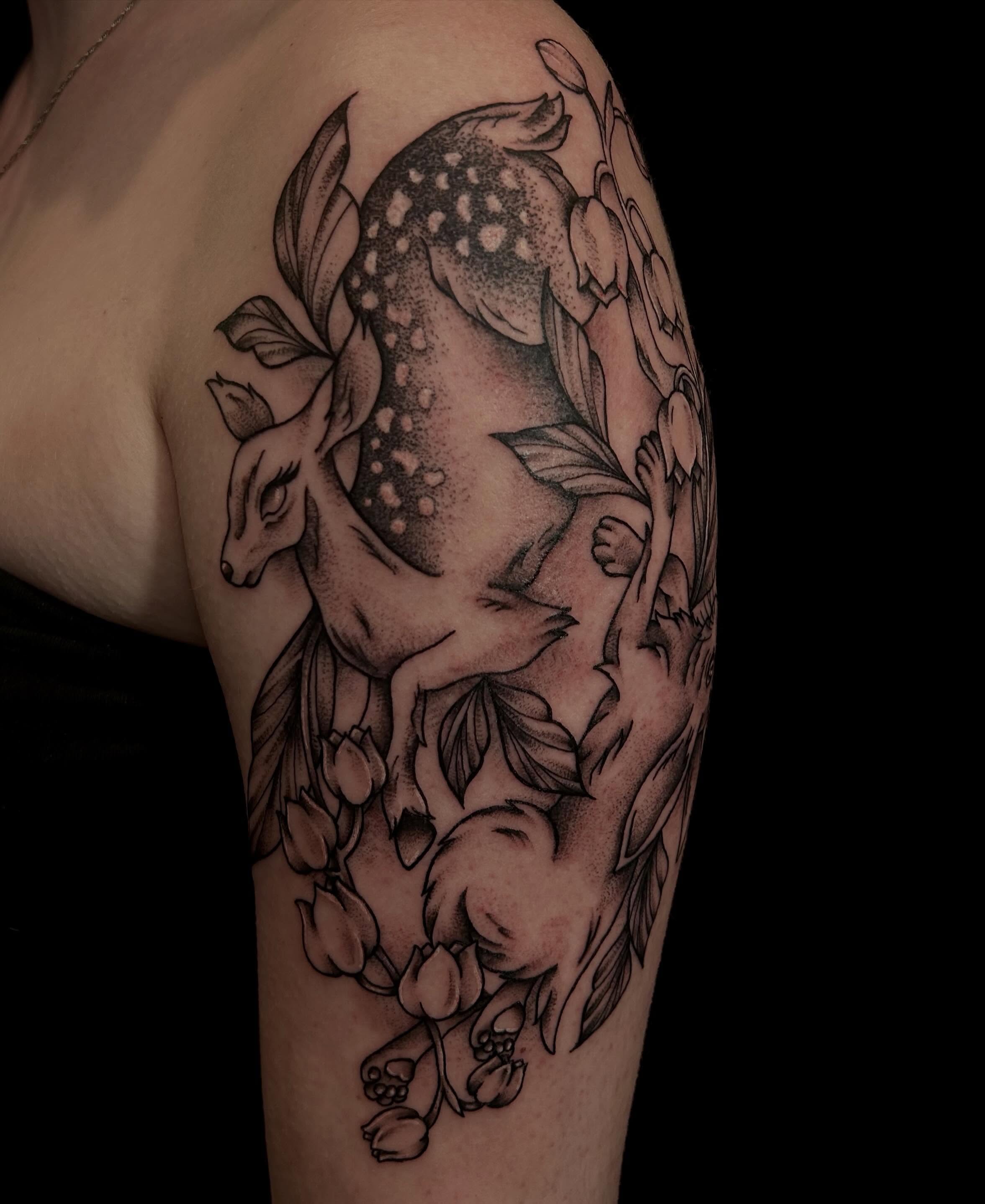 Deer and flowers dotwork tattoo on the shoulder by abby ☽ marie