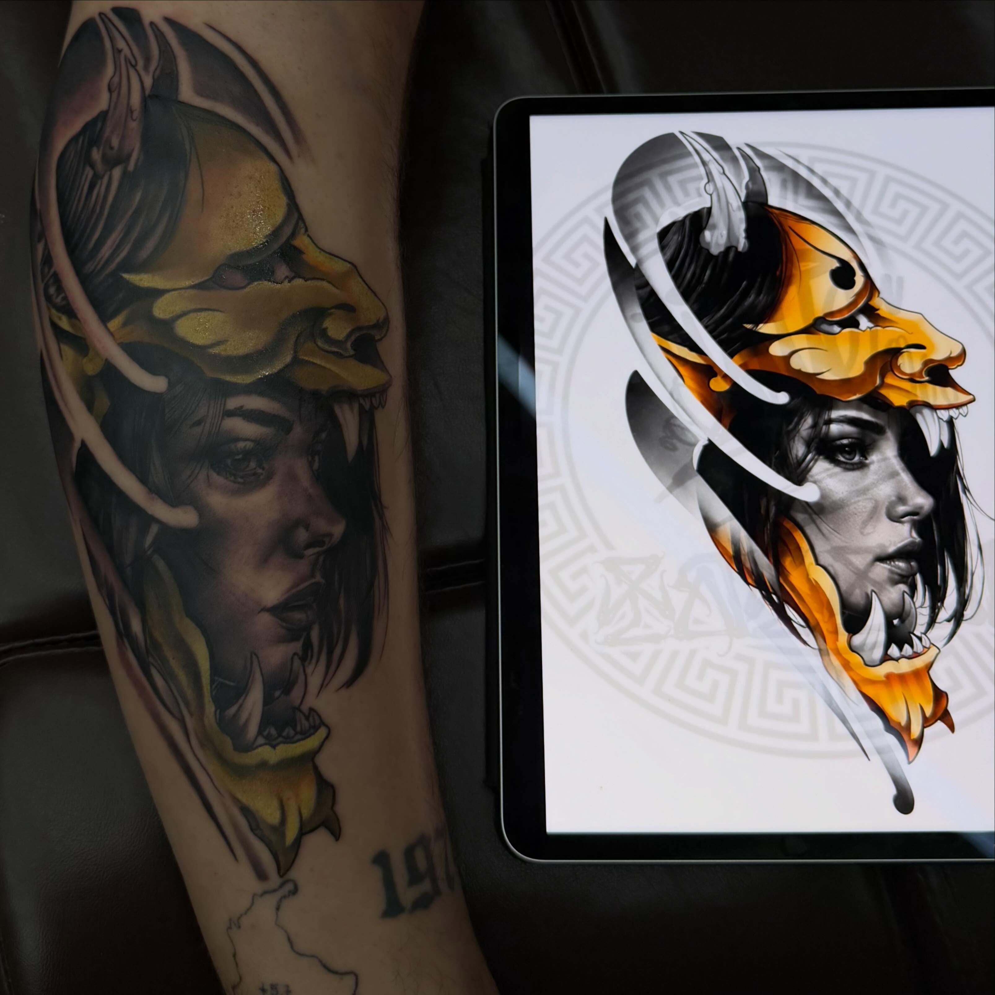 Woman with dragon helmet realism tattoo on the forearm by Lu Ve, Dayton, Ohio