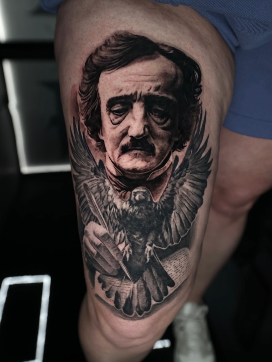 Edgar Allan Poe realism tattoo on the thigh by Matthew Brown, Londonderry, New Hampshire