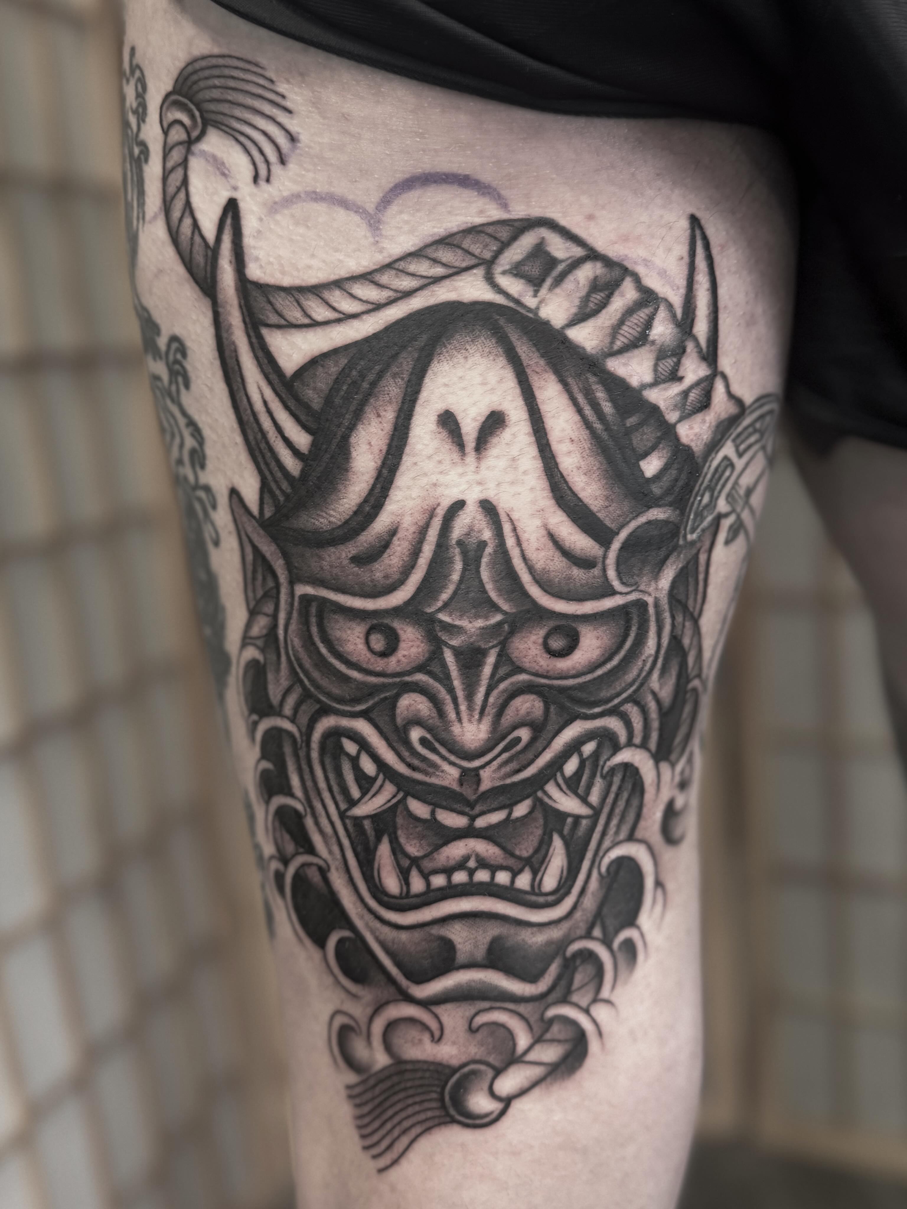 Demon mask japanese irezumi tattoo on the forearm by ⚔️ 𝕬𝖓𝖞𝖆 𝖁𝖎𝖈𝖙𝖔𝖗𝖎𝖆 ⚔️, Fairfax, Virginia