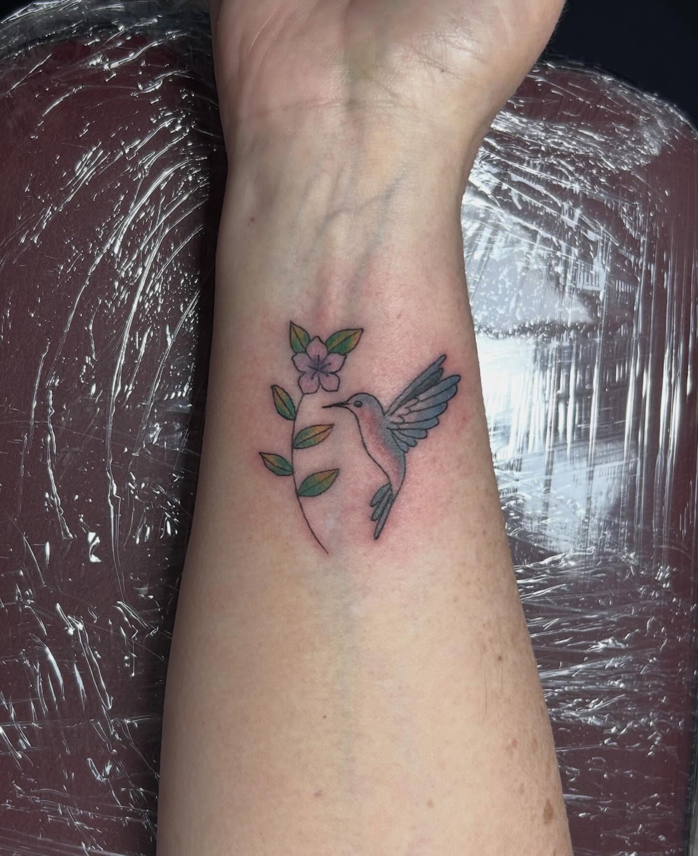 Hummingbird and flower dotwork tattoo on the forearm by Red✨, Gansevoort, New York