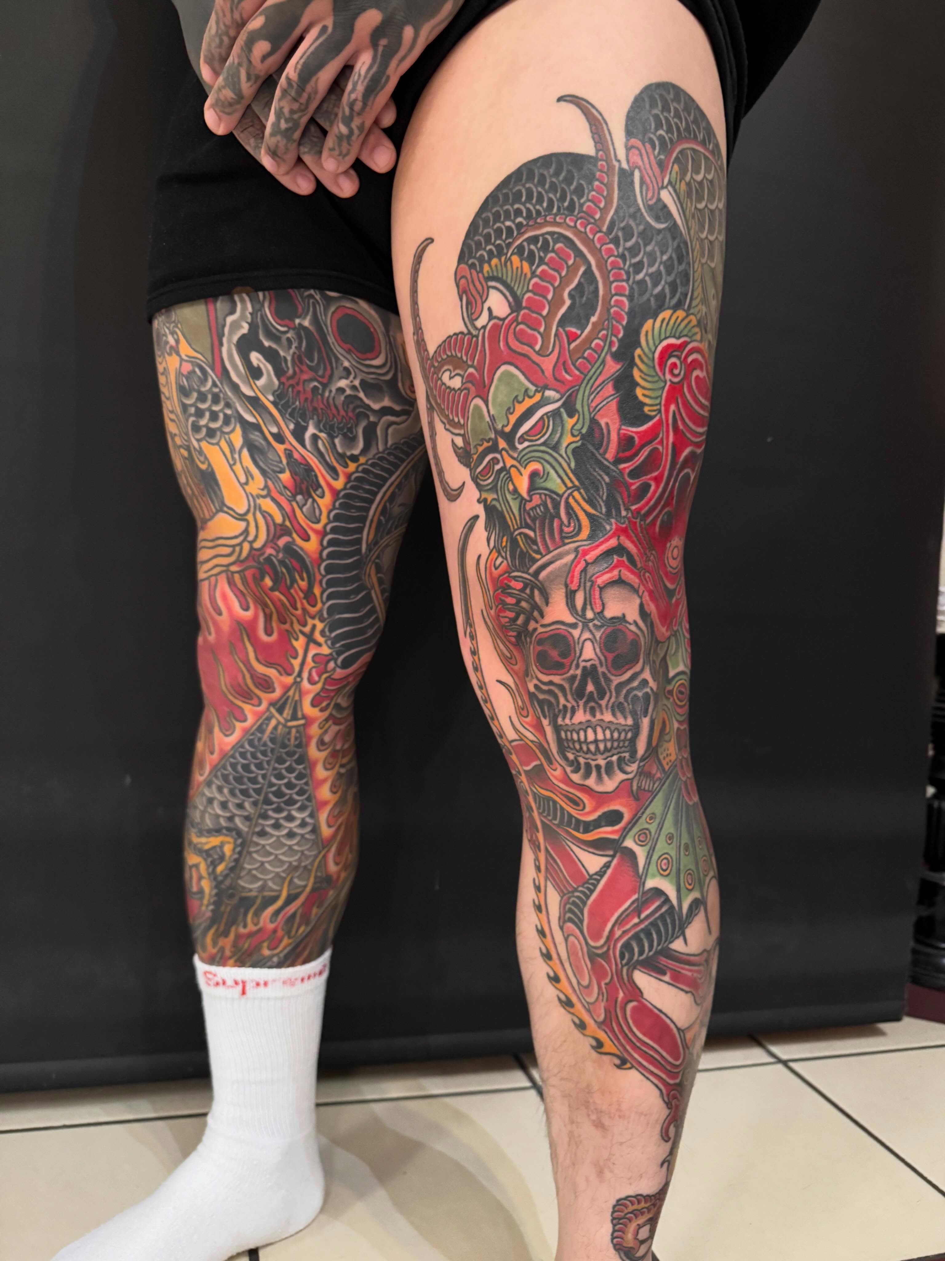 Japanese irezumi japanese irezumi tattoo on the thigh by Derek Noble, San Francisco, California