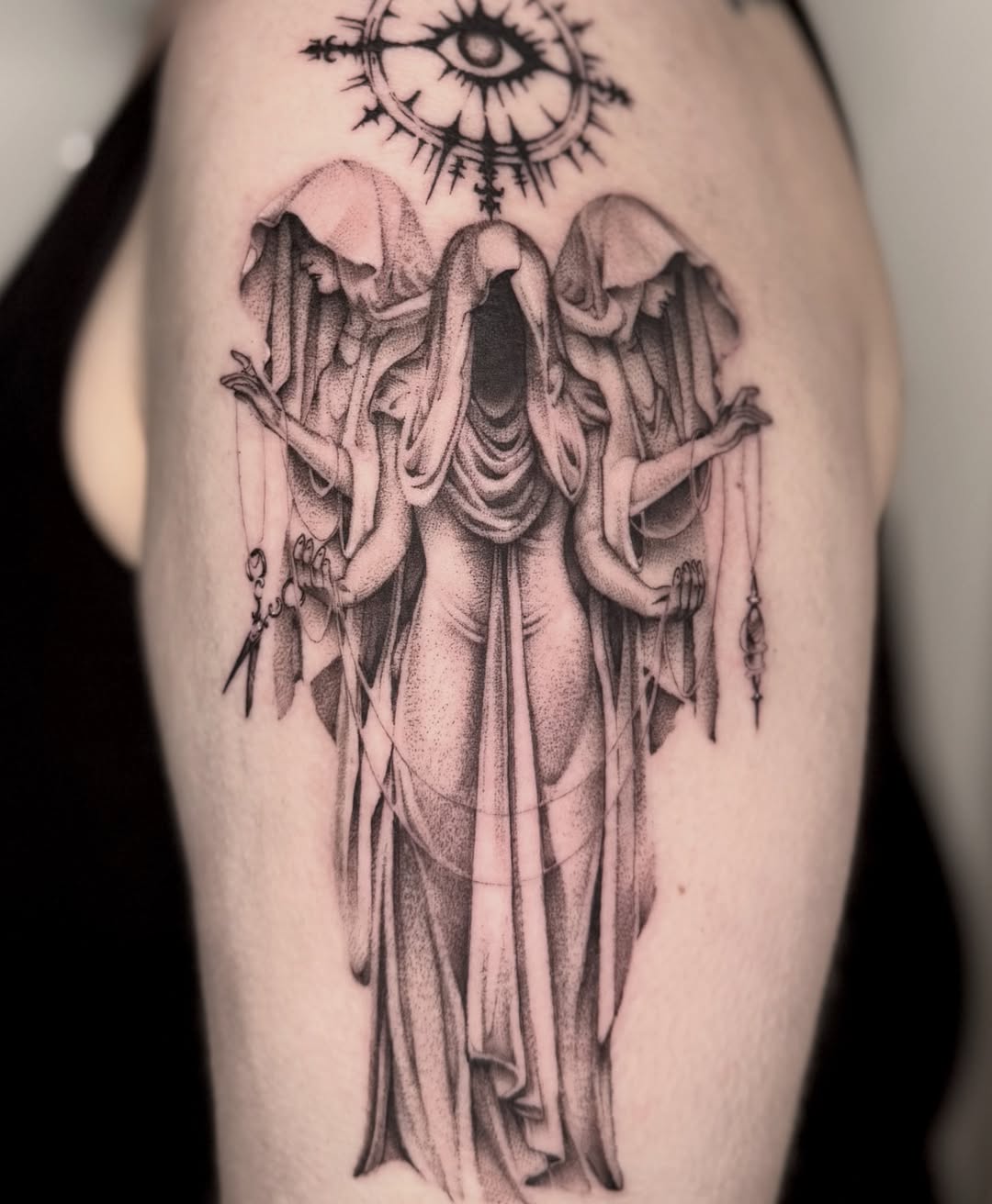 Three hooded figures dotwork tattoo on the upper arm by Carla AKA Turnip girl