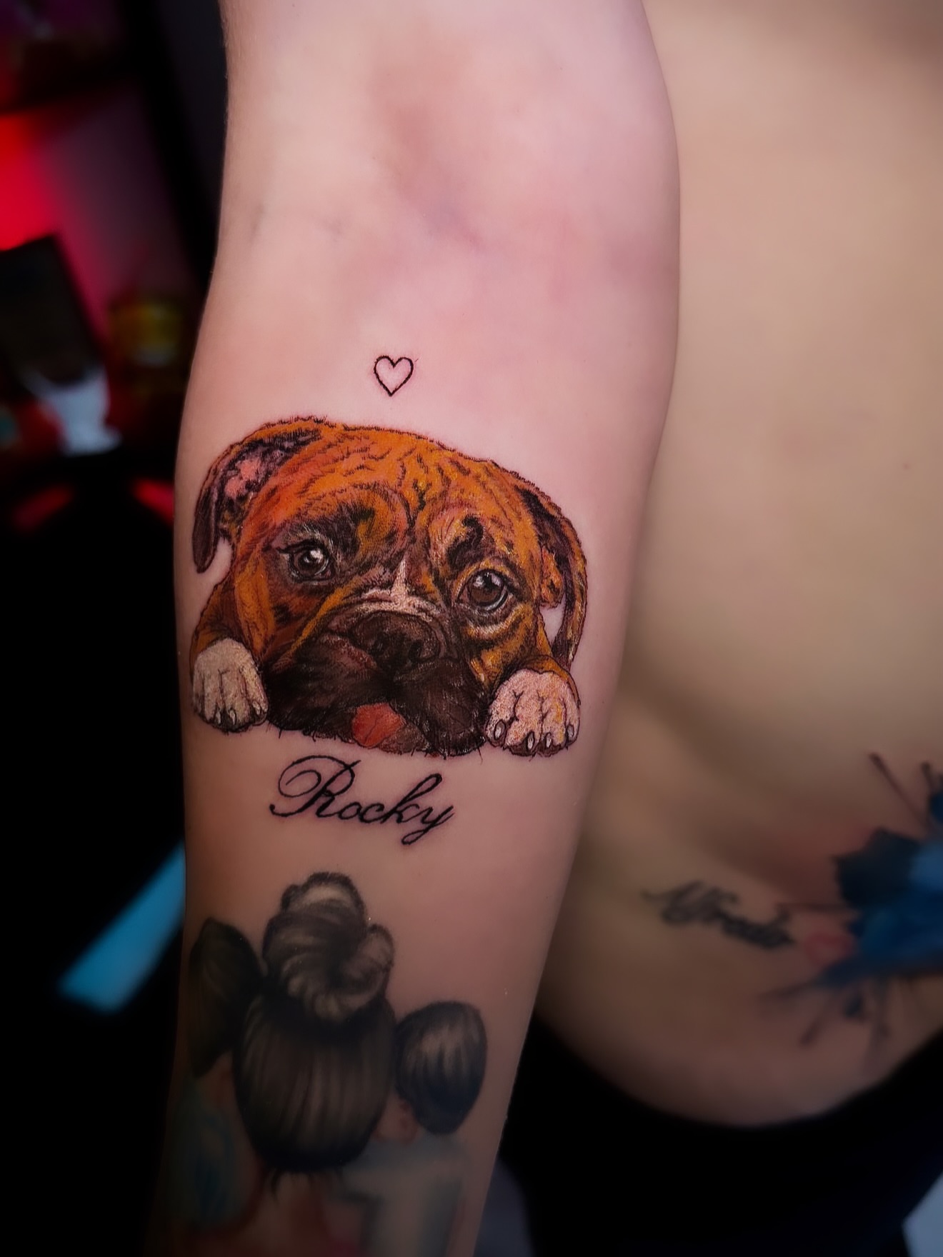 Bulldog puppy realism tattoo on the forearm by Eyinay Cabezas 🇨🇺🇺🇸