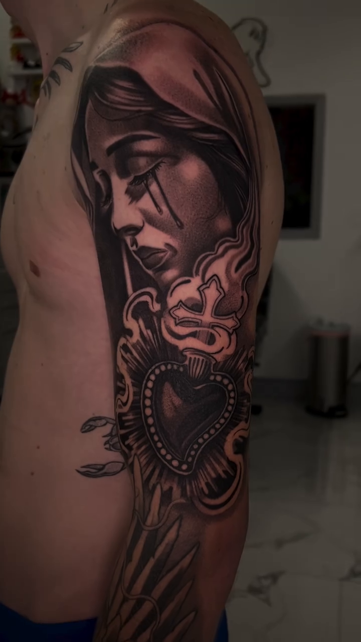 Virgin Mary and Sacred Heart realism tattoo by Jaylen - Atlanta Tattoo Artist