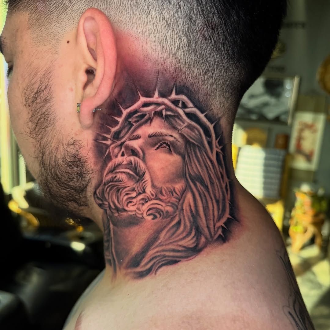 Jesus Christ realism tattoo on the neck by Faith Lopez