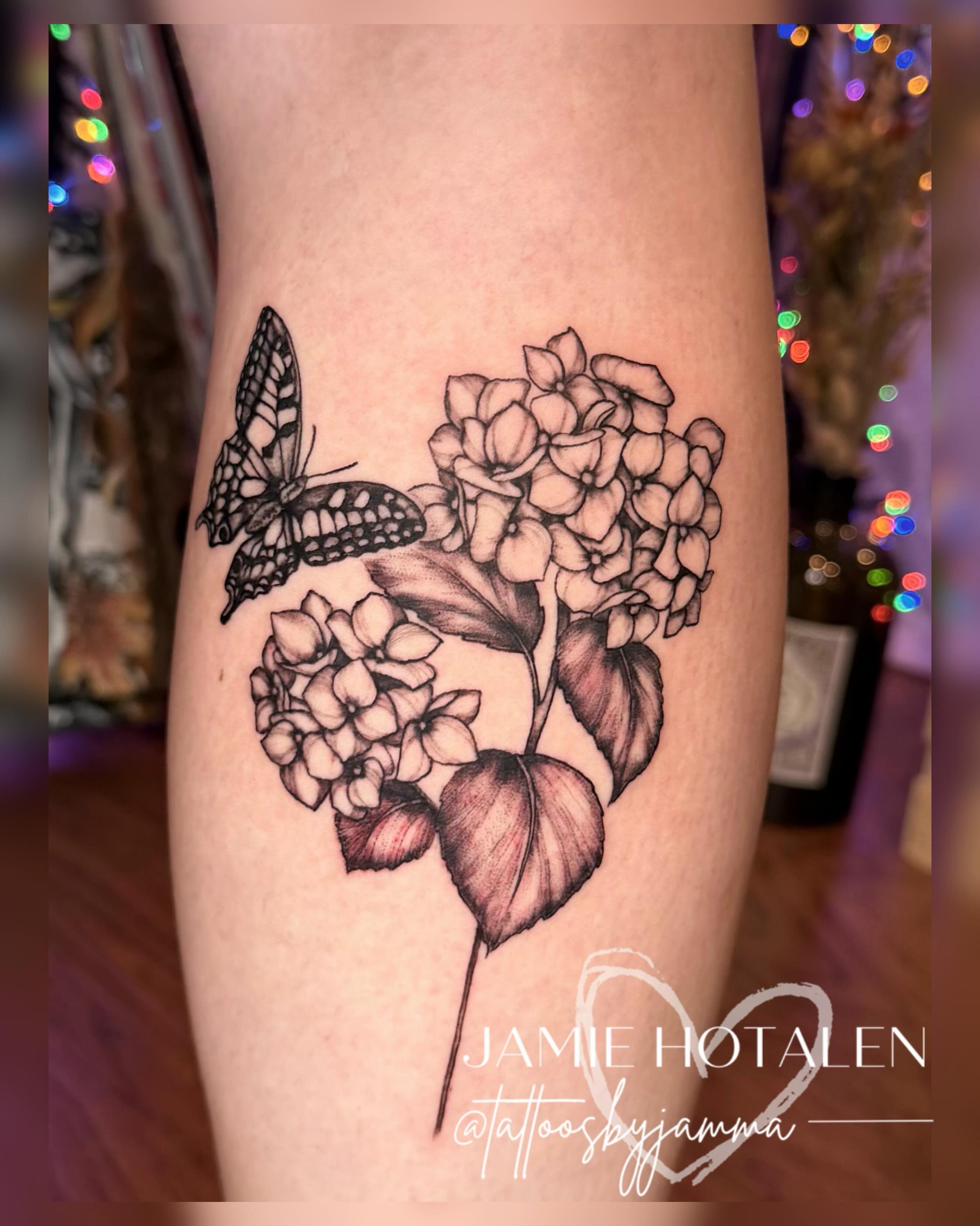 Hydrangea and butterfly black and grey tattoo on the forearm by πππππππ π½π² ππππππ π°πππππ π πΉππππ π·ππππππβ¨