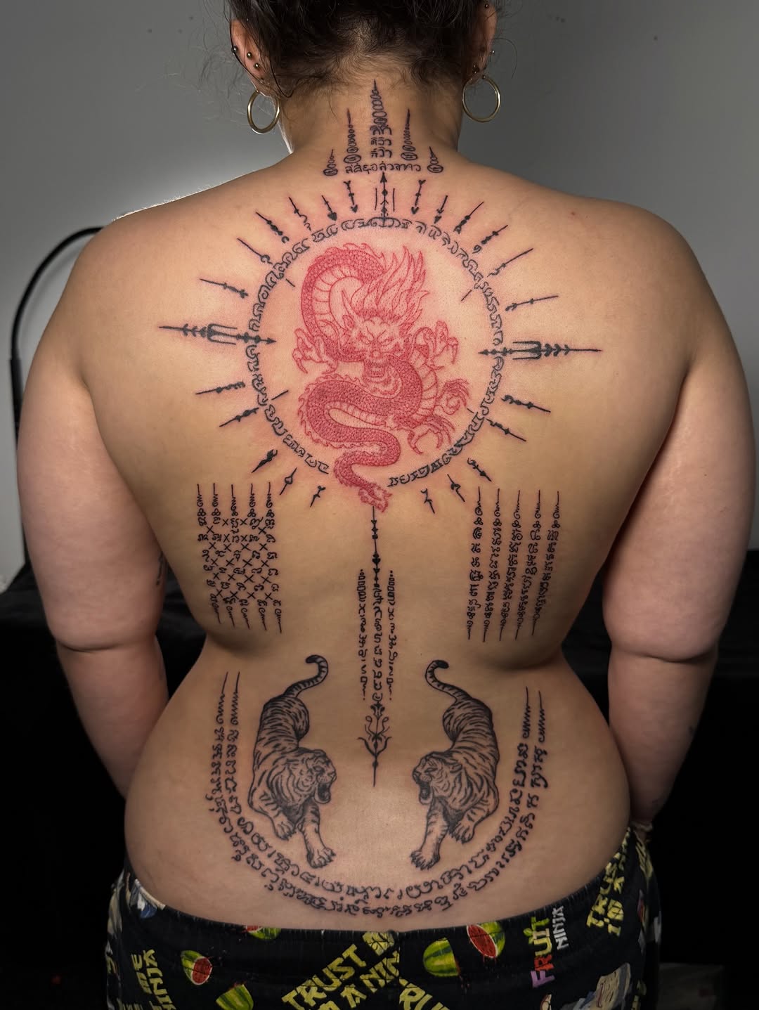 Dragon and tigers with script Japanese tattoo on the back by Victoria