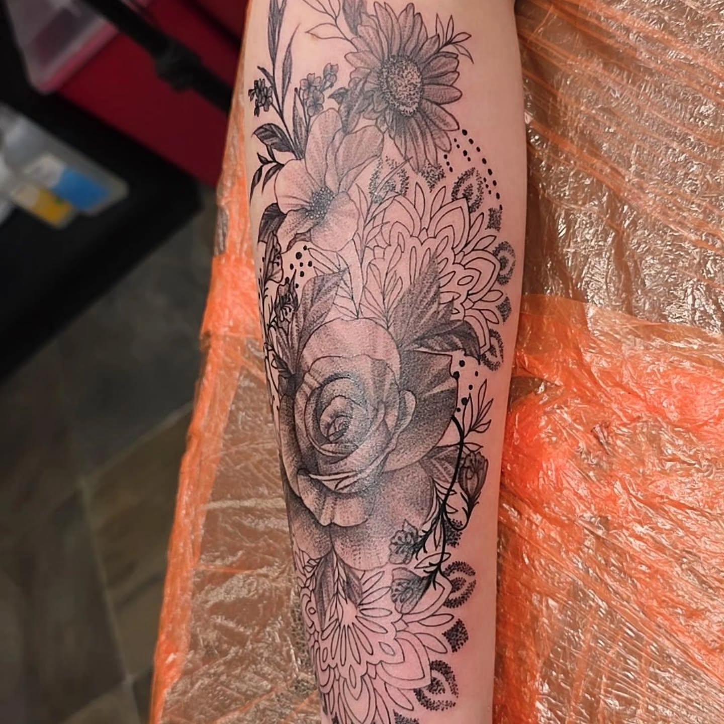 Tattoo by @creativeinsighttattoo19 — black_and_grey, dotwork