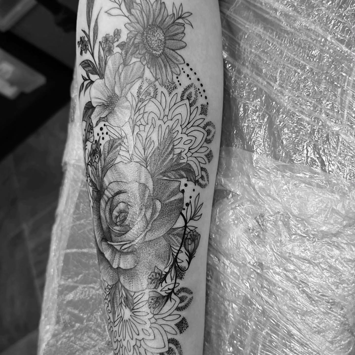 Tattoo by @creativeinsighttattoo19 — dotwork, black_and_grey