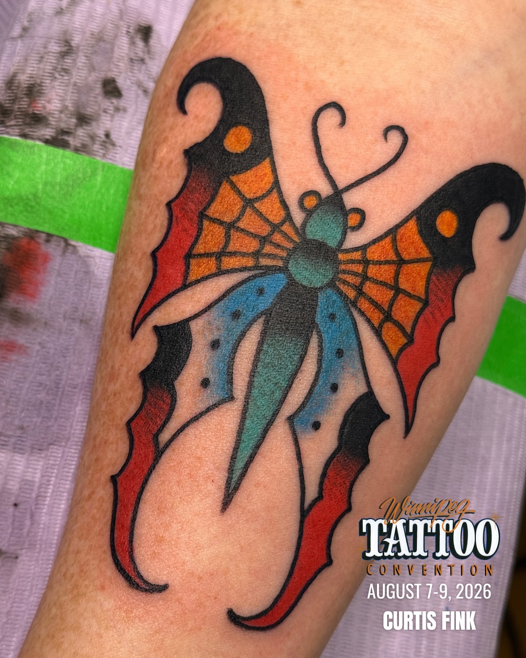 Butterfly American traditional tattoo on the forearm by 🕸curtis Fink🕸