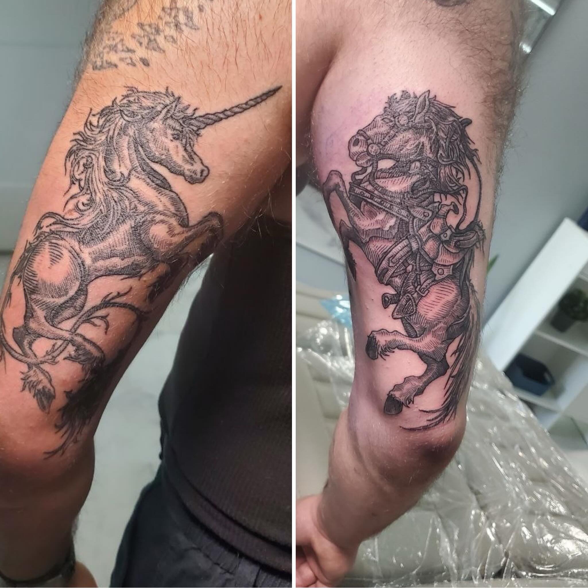 Unicorn black and grey tattoo on the forearm by Matthew Ray, Harrisburg, North Carolina