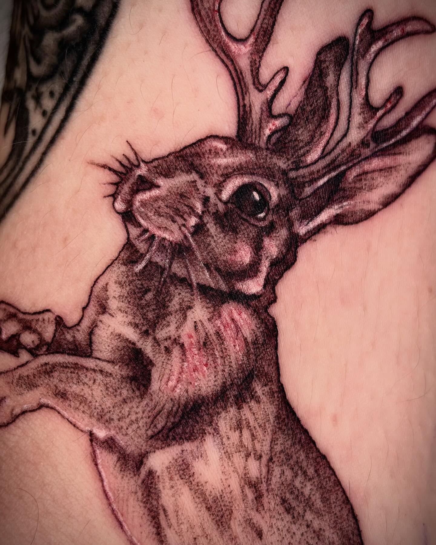 Deer realism tattoo on the upper arm by Emily Falkowski