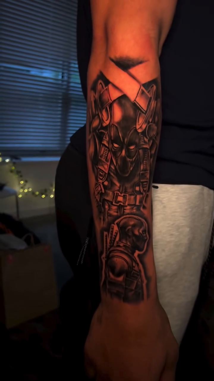 Skull and mask realism tattoo by Lucky Lefty