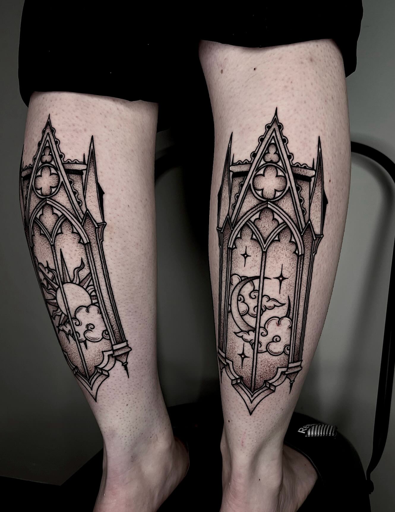 Gothic window dotwork tattoo on the calf by 𝔅𝔯𝔦 𝔉𝔩𝔢𝔱𝔠𝔥𝔢𝔯