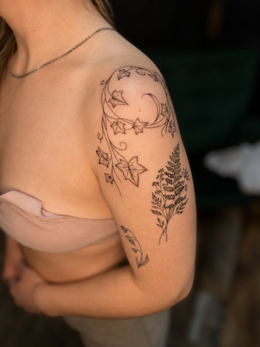 Moon and ivy black and grey tattoo on the shoulder by JAmy Winters