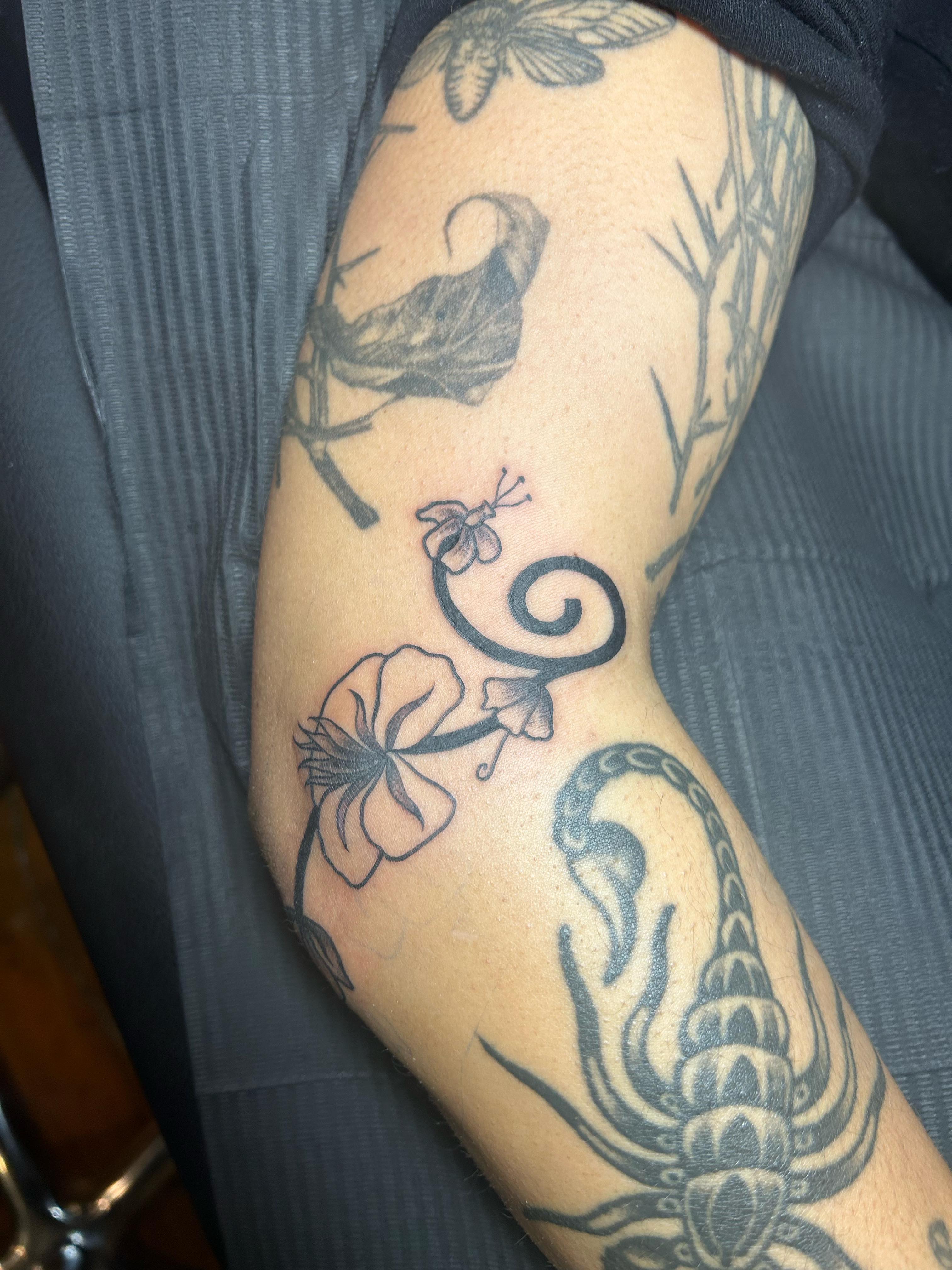 Scorpion and floral black and grey tattoo on the forearm by ✧✦ ☻ ✦✧