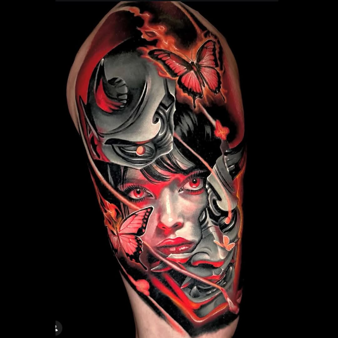 Woman with mask and butterflies surrealism tattoo on the forearm by Sean Flood