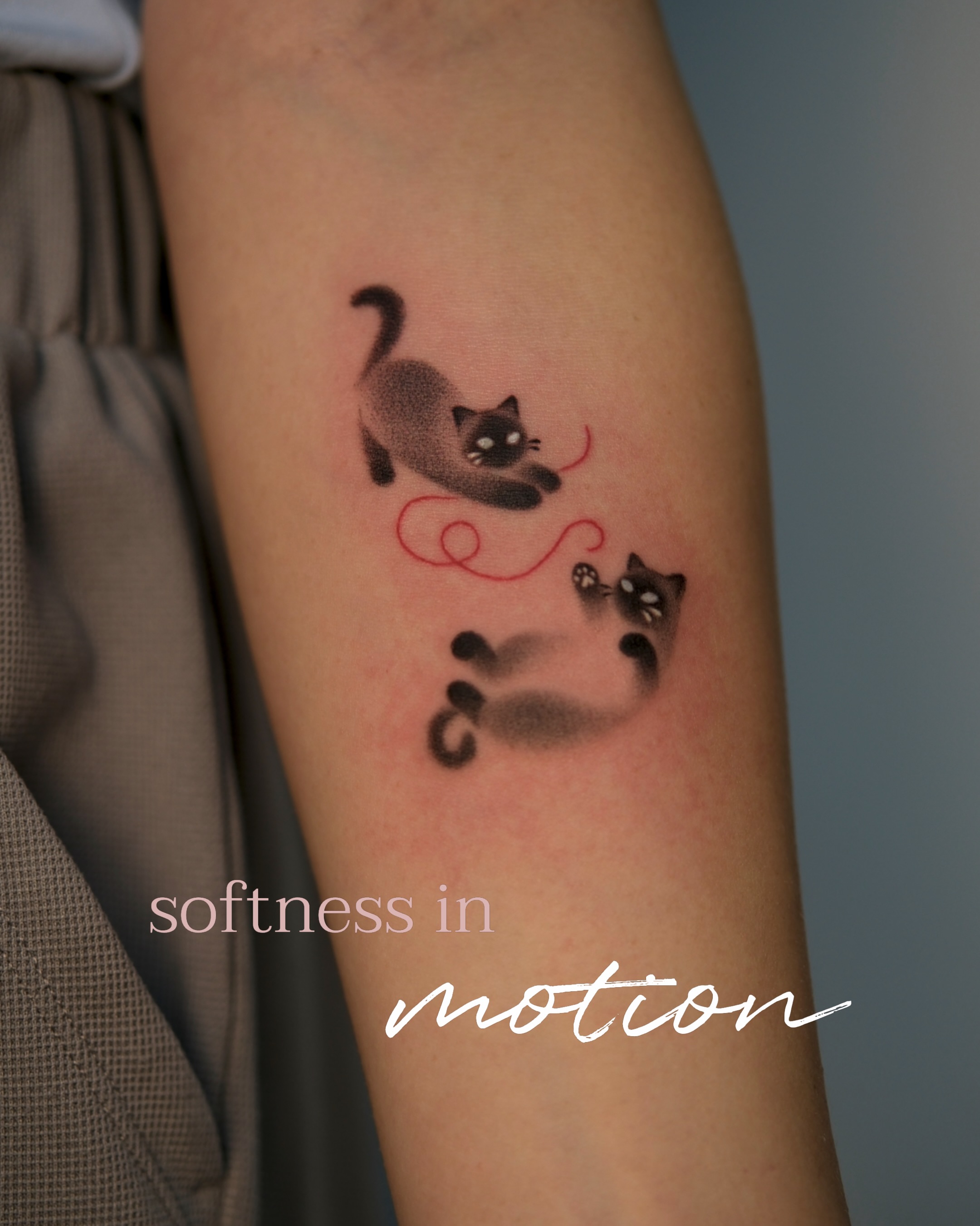 Two cats dotwork tattoo on the forearm by Toki