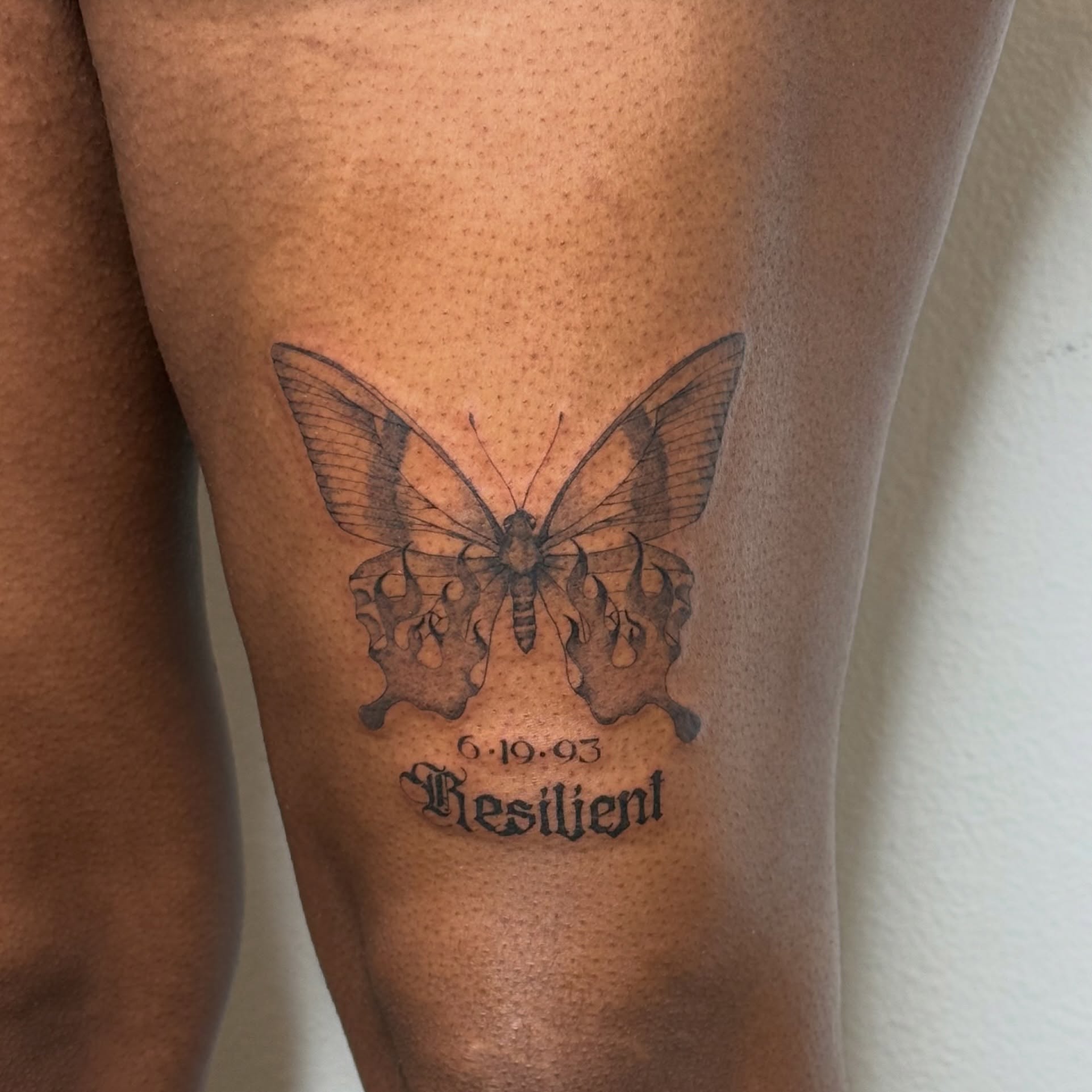 Butterfly black and grey tattoo on the calf by ❁ Marlo Marquise Tattoo Artist ❁
