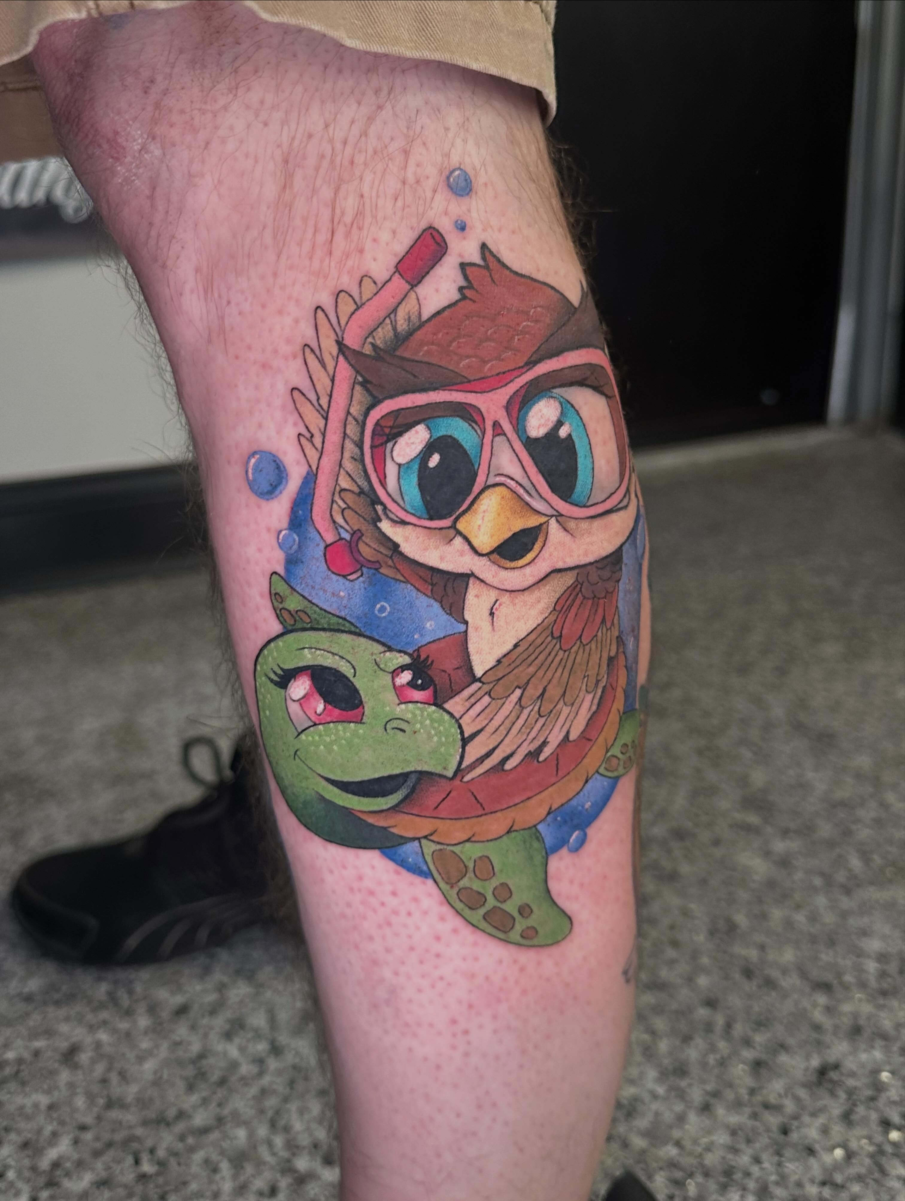Turtle and bird new school tattoo on the forearm by Victoria Parsons, Clarksville, Indiana