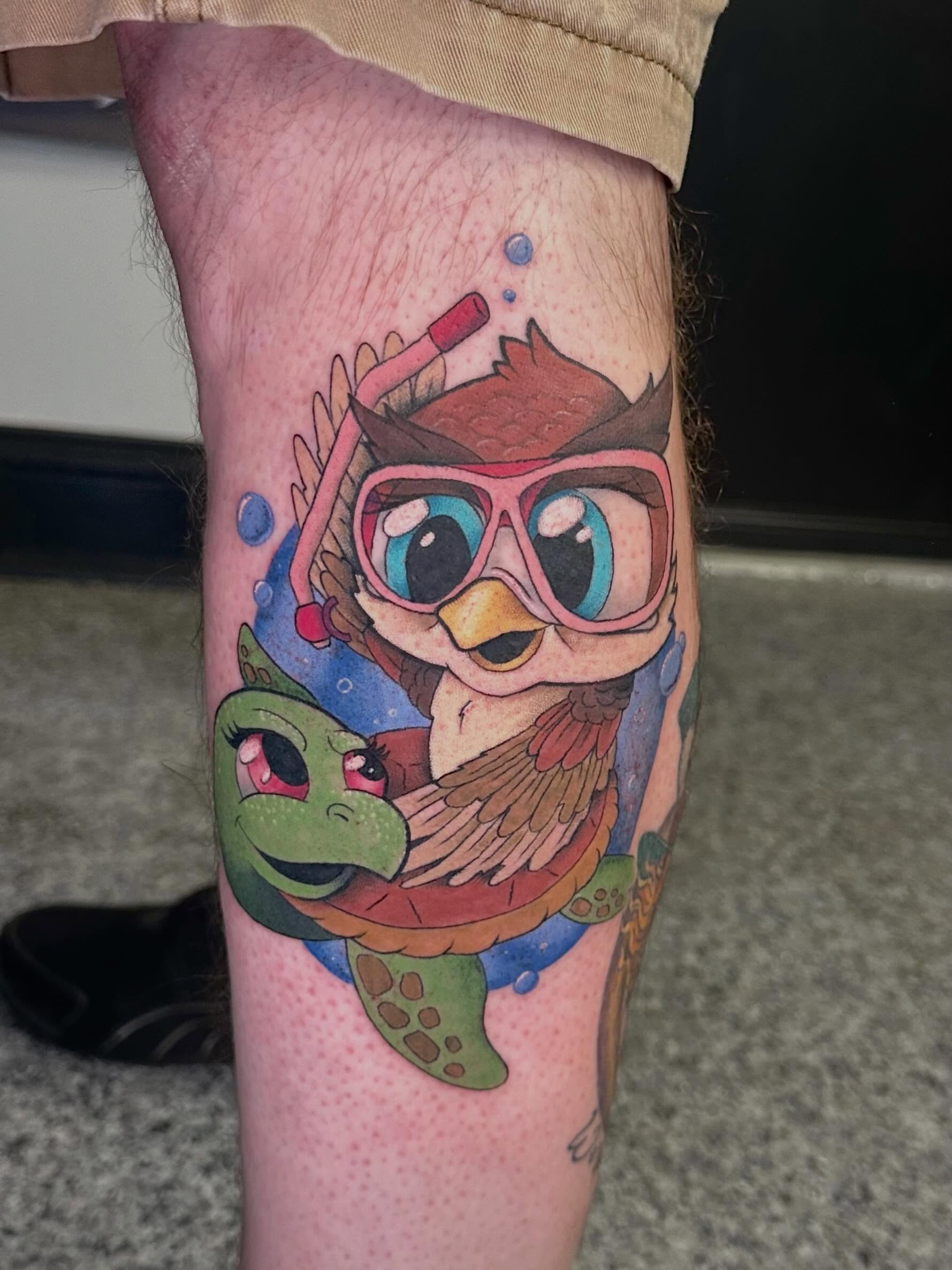 Owl and turtle new school tattoo on the leg by Victoria Parsons, Clarksville, Indiana