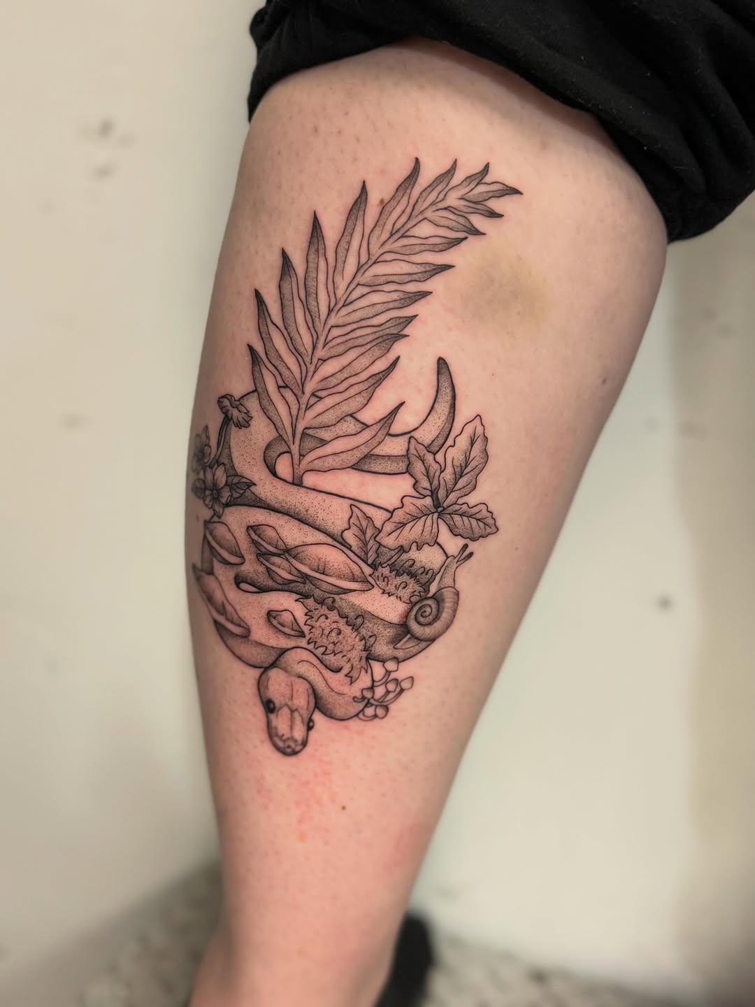 Snake, snail, and foliage fine line tattoo on the thigh by Felicity