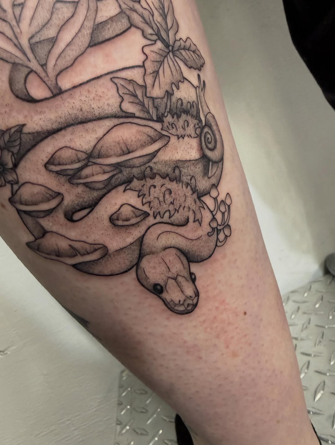Snake and mushrooms dotwork tattoo on the forearm by Felicity
