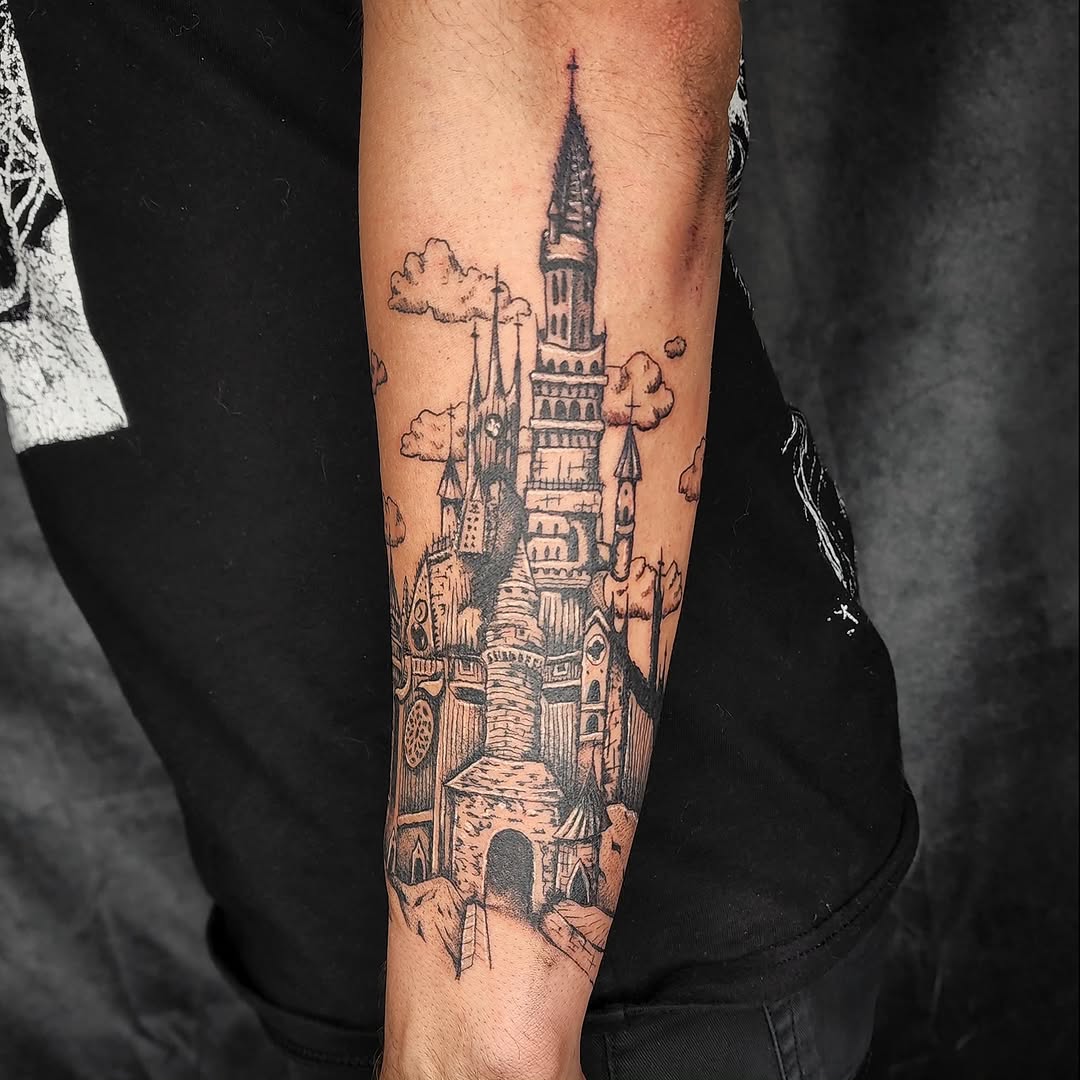 Castle black and grey tattoo on the forearm by julian