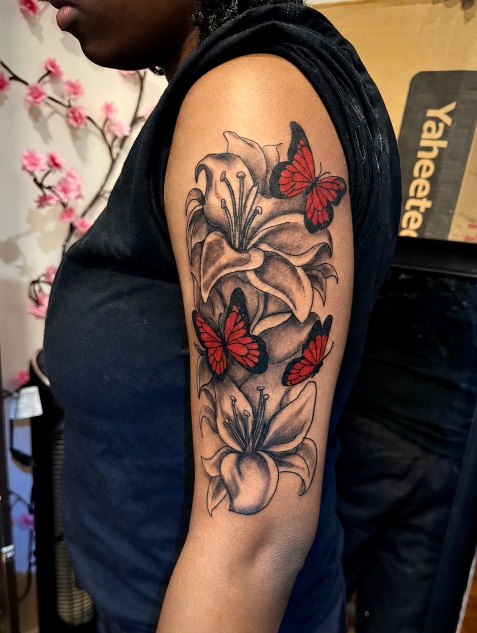 Lilies and butterflies fine line tattoo on the forearm by JayyeSosa