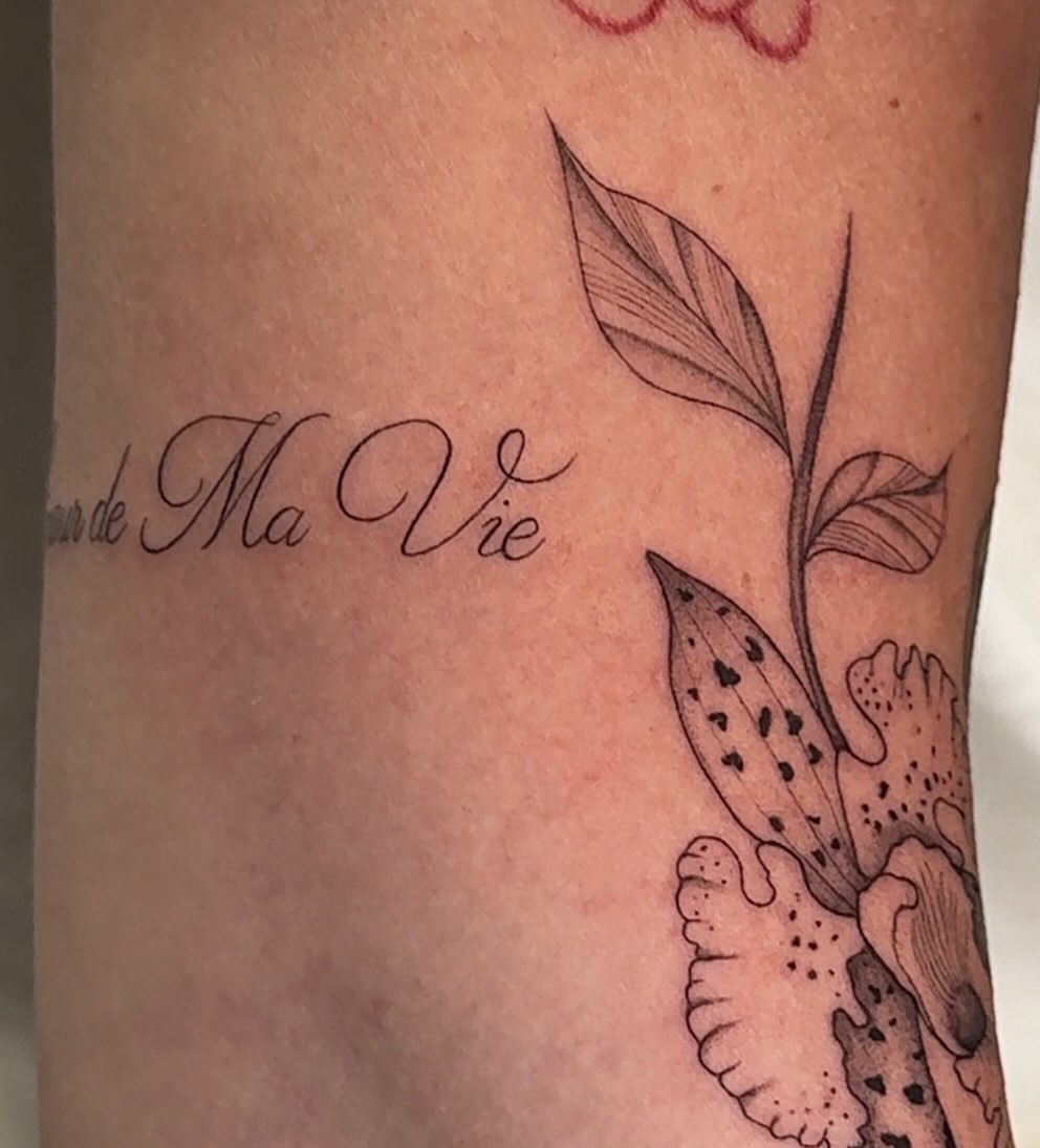 Ma Vie black and grey tattoo on the forearm by Jennifer Garcia R - Vegas tattoo artist