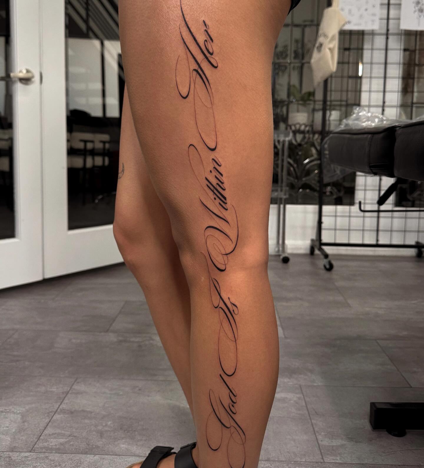 Script lettering lettering script tattoo on the leg by Jennifer Garcia R - Vegas tattoo artist