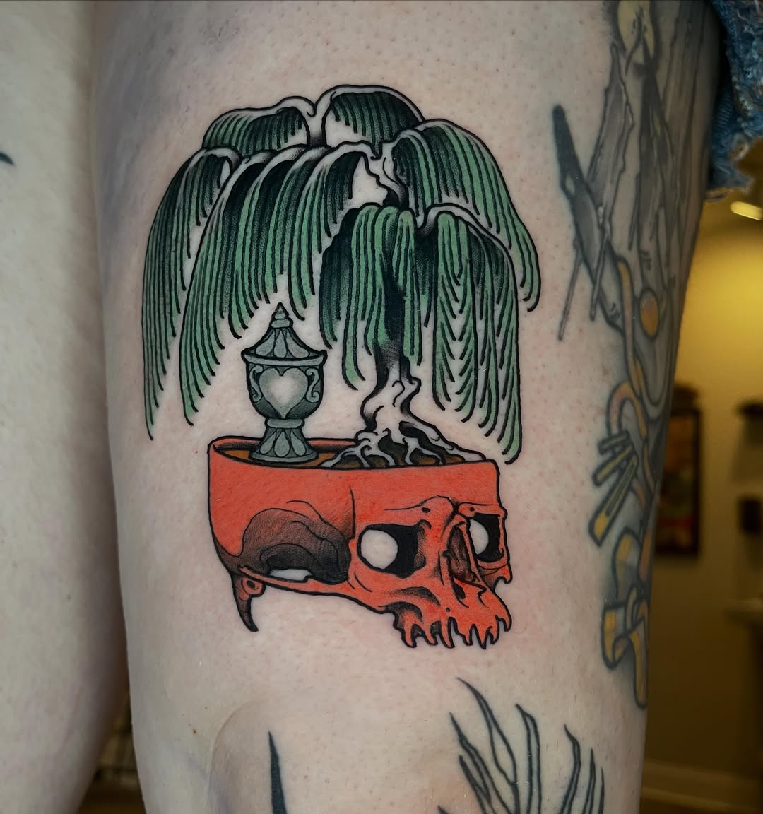 Skull with weeping willow tree American traditional tattoo on the forearm by Joe Moreira