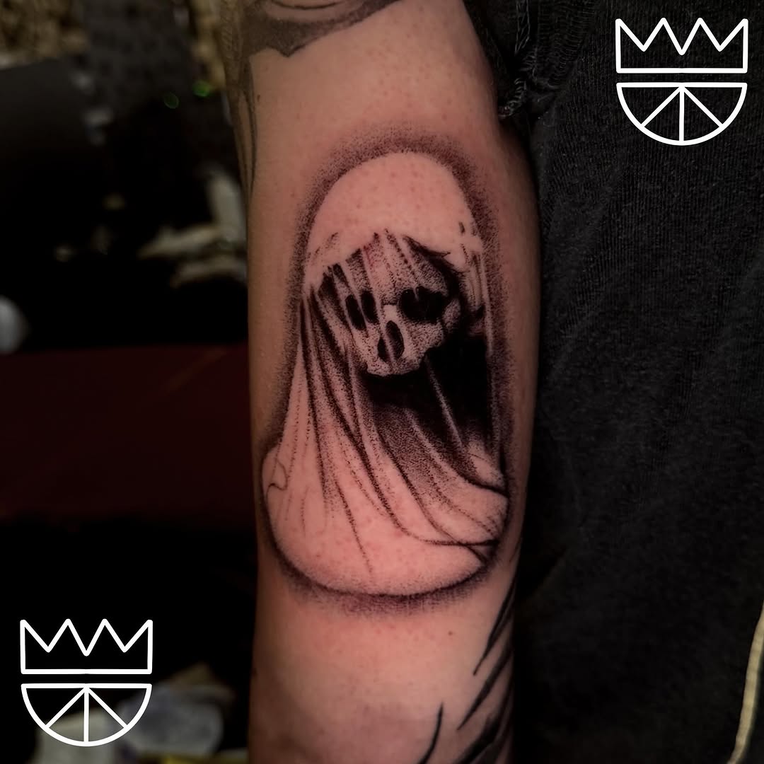 Skull ghost with shroud dark art tattoo on the forearm by Prncjordn, Stallings, North Carolina