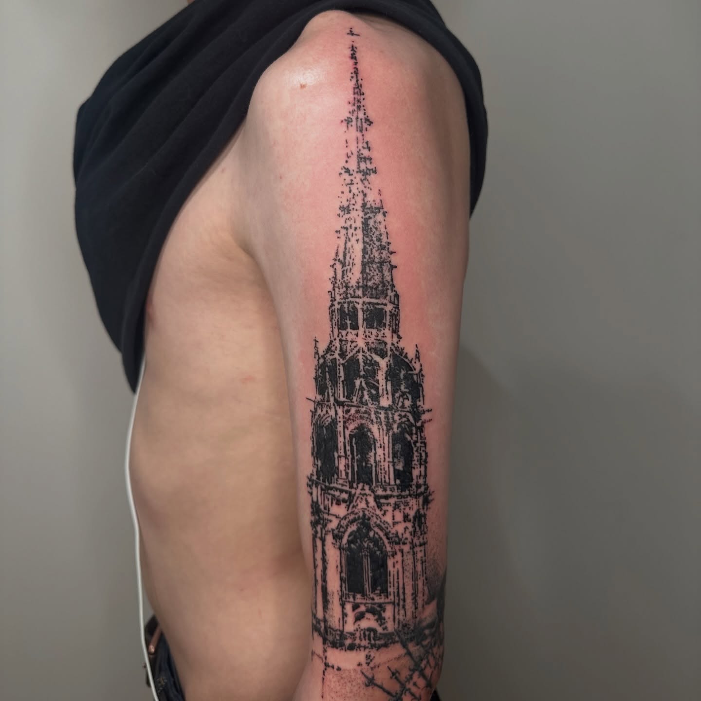 Gothic cathedral spire dotwork tattoo on the forearm by πΈππππππ