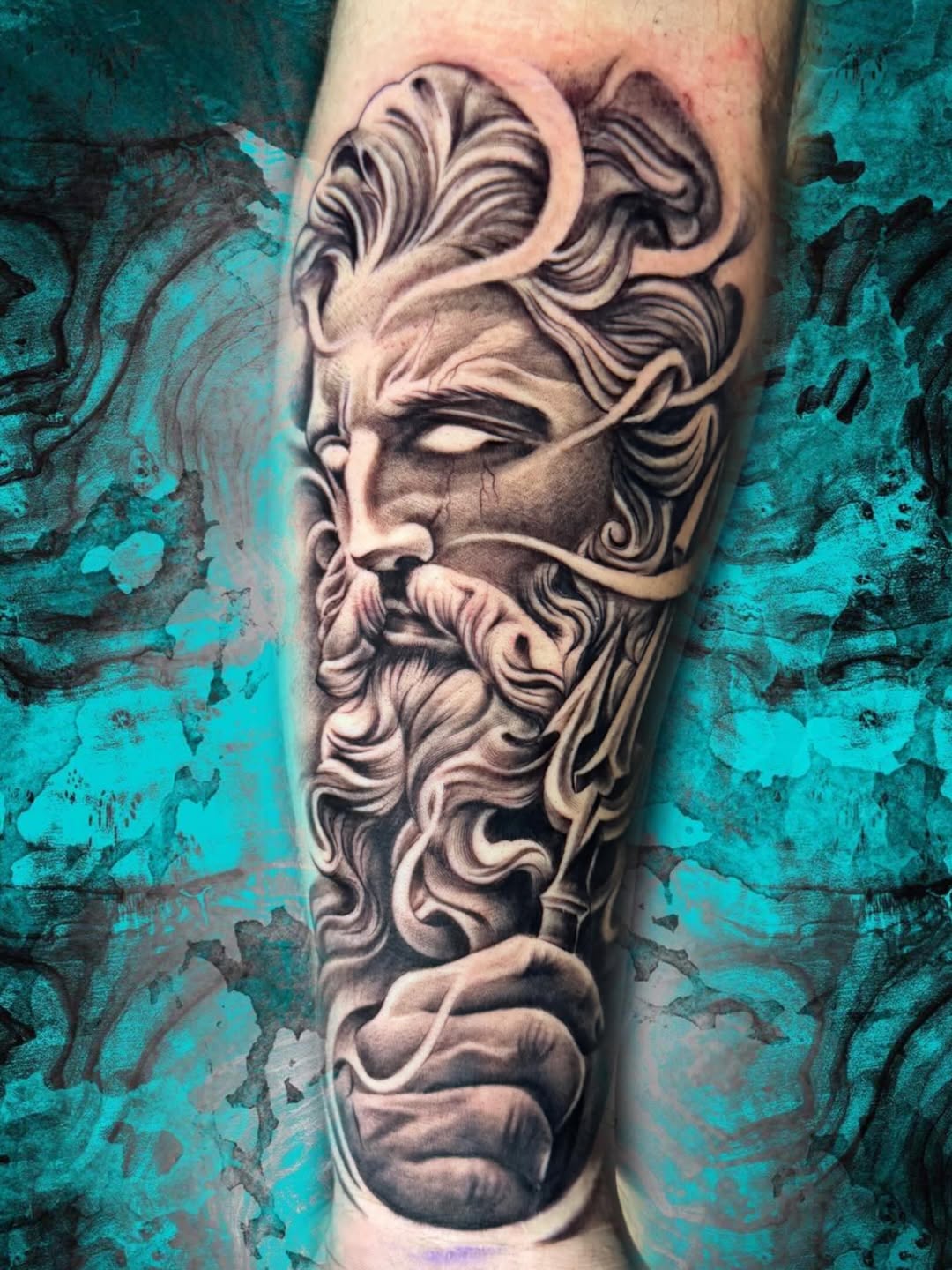Greek god portrait Japanese tattoo on the forearm by Luis Chauta