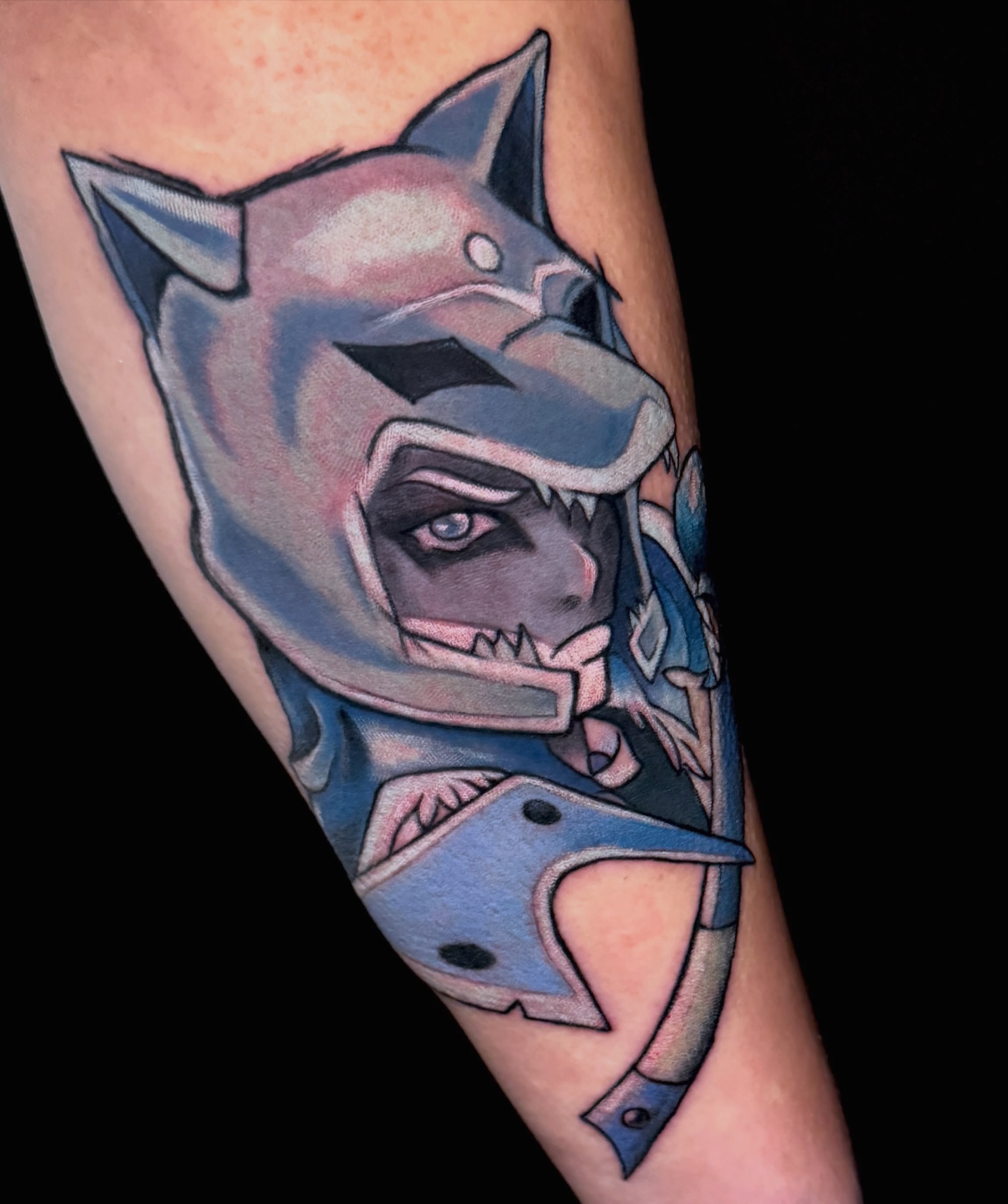Mecha shark geometric tattoo on the forearm by Breanna Fraielli