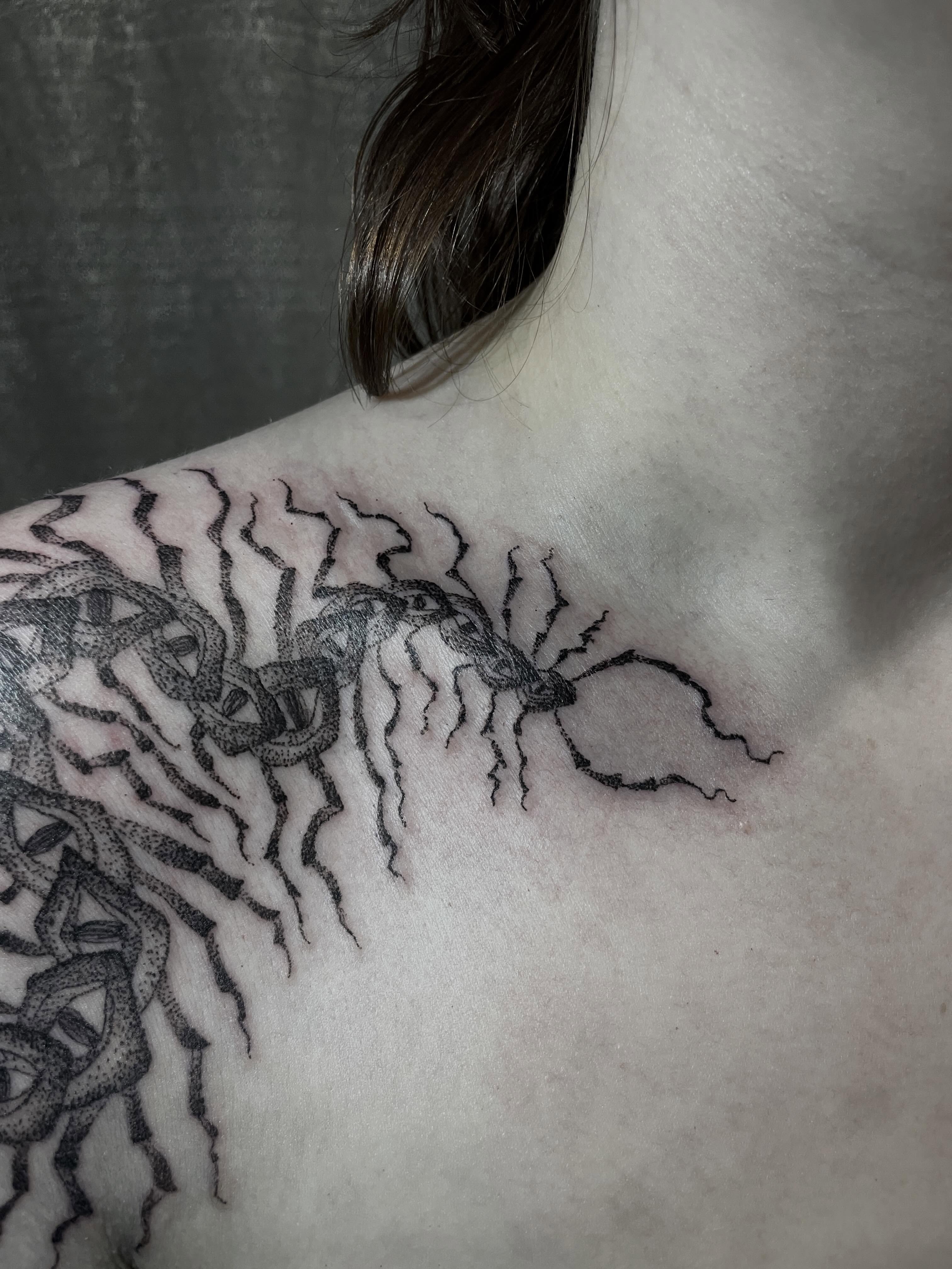 Tattoo by @pineneedlestattoo — black_and_grey
