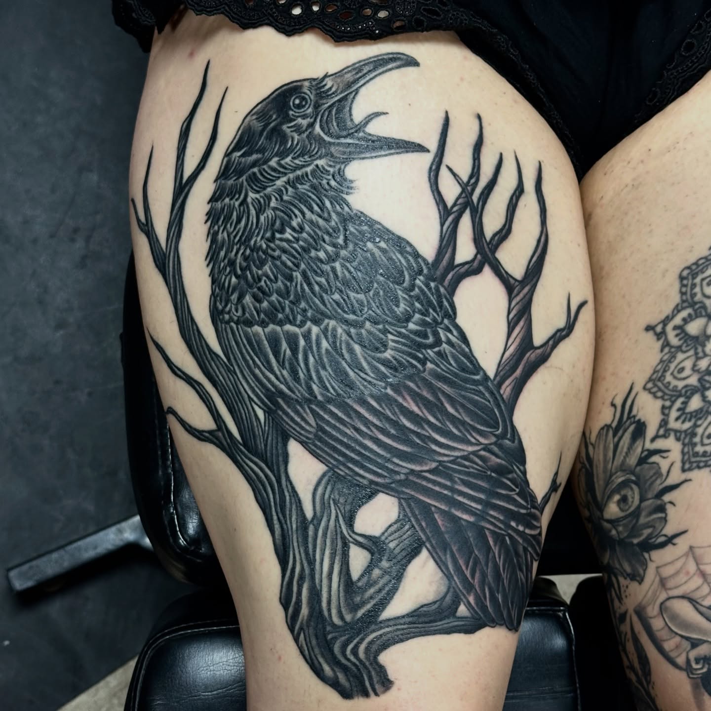 Tattoo by @calvinvoncrush — black_and_grey, realism