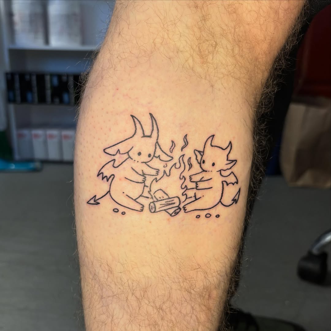 Two demons roasting marshmallows dotwork tattoo on the forearm by ☠️mikauley☠️