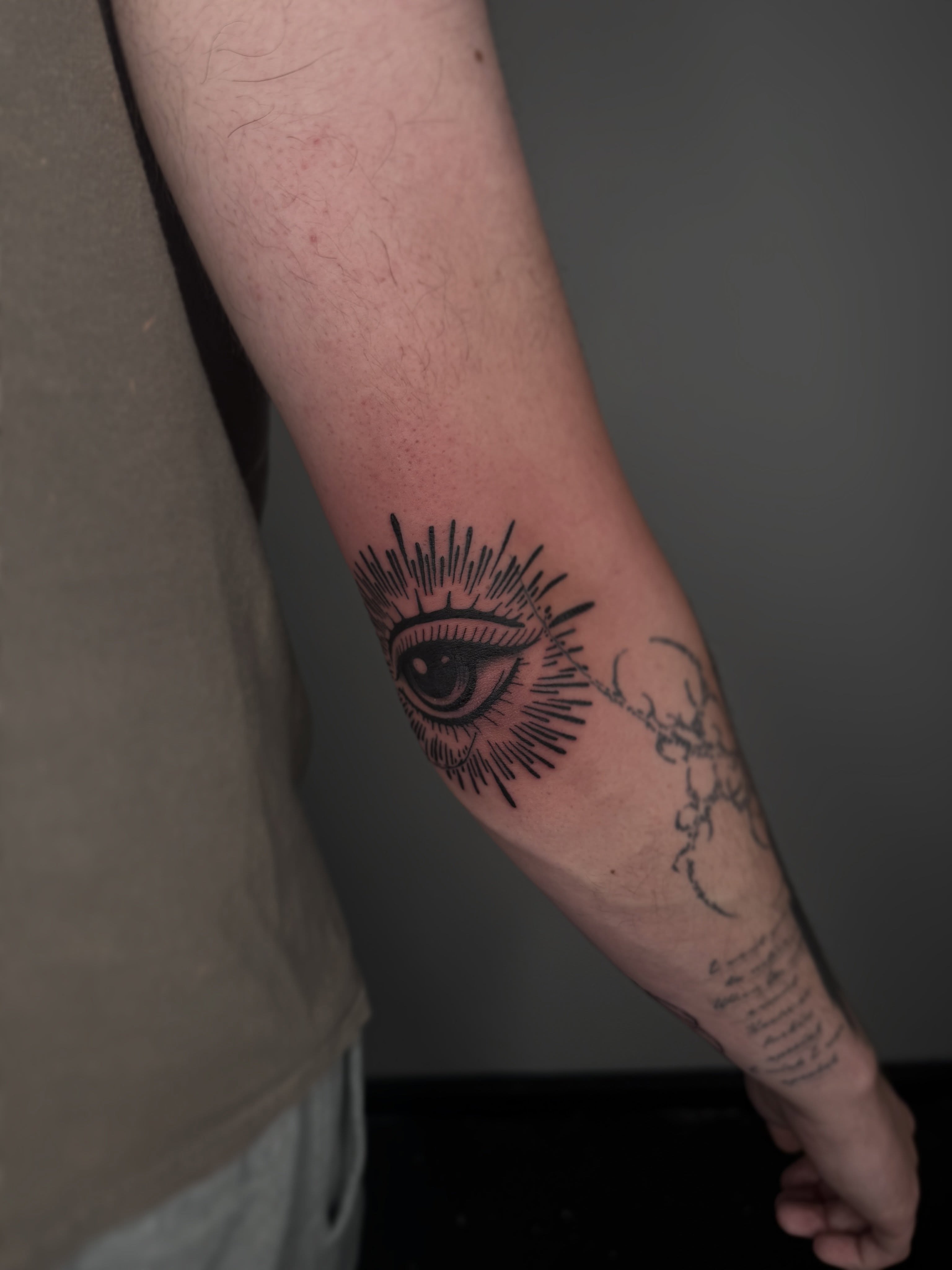 Eye American traditional tattoo on the forearm by Brandon Shelby