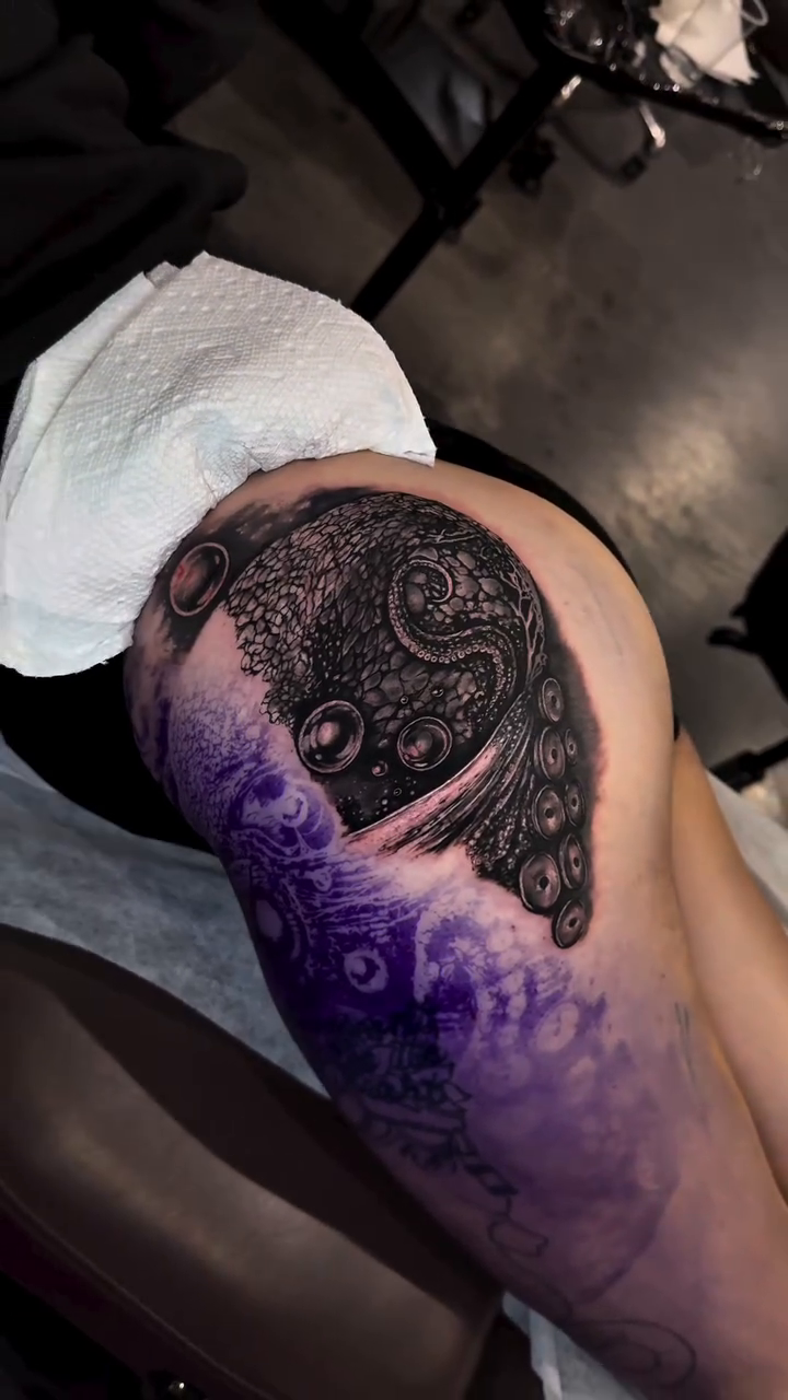 Ornamental leg sleeve realism tattoo on the leg by Georgianna Ink, Las Vegas, Nevada