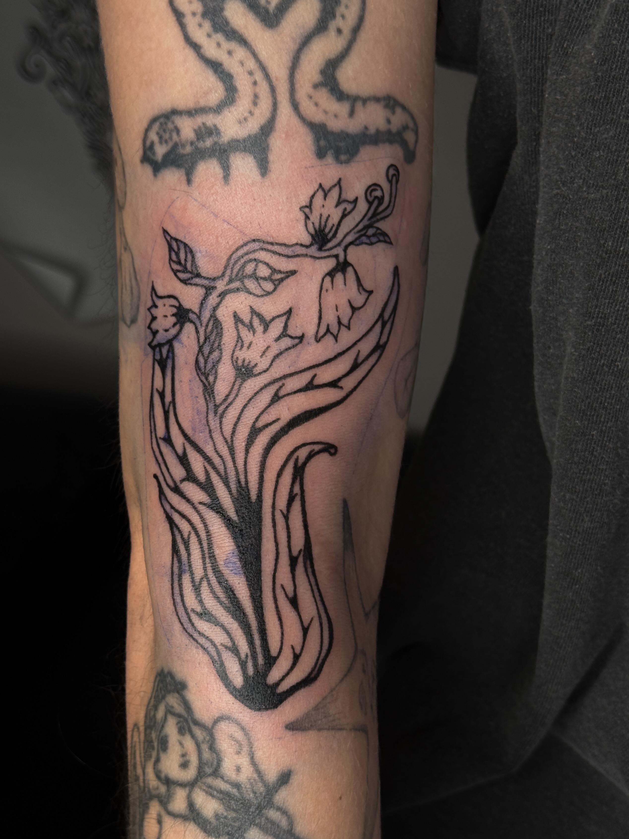 Fox and flowers fine line tattoo on the forearm by Bella - Austin Tattoo Artist ₓ˚. ୭