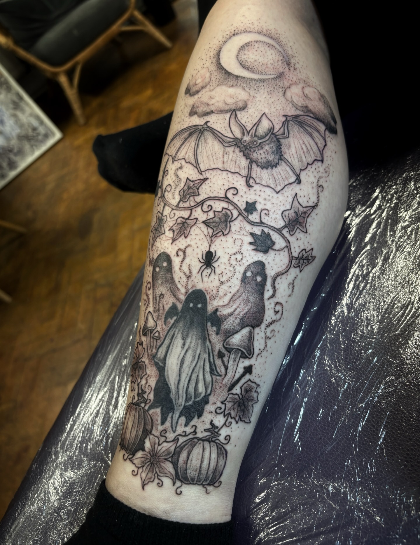 Tattoo by @scorchedbones_ — black_and_grey, dark_realism