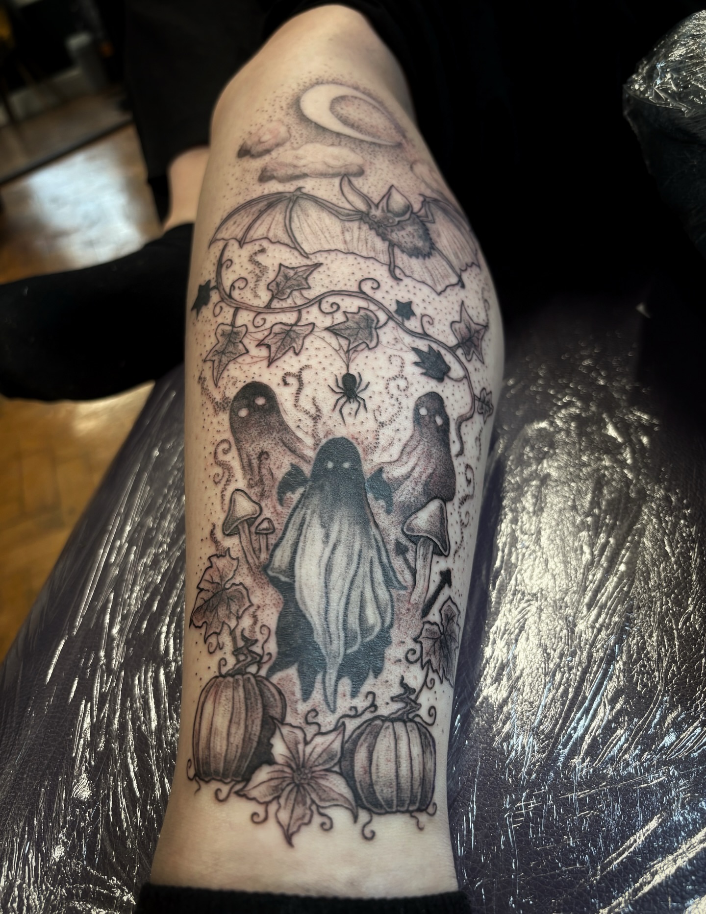 Tattoo by @scorchedbones_ — dotwork, black_and_grey