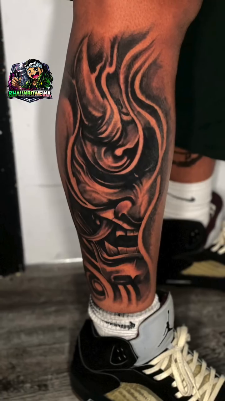 Demon face with flames realism tattoo by Shaunboweink