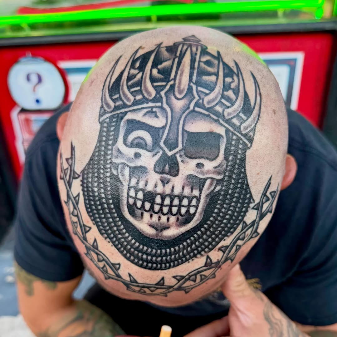 Skull black and grey tattoo on the head by Max mogstad