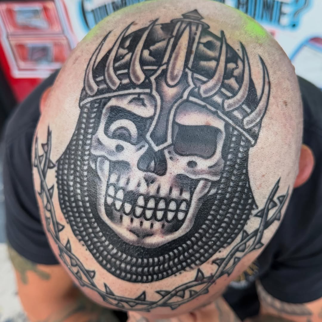 Skull with horns realism tattoo on the head by Max mogstad