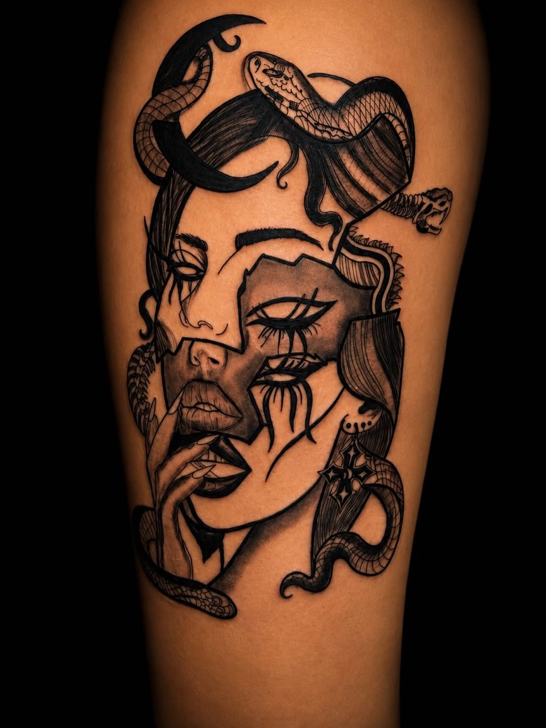 Woman's face with snakes realism tattoo on the forearm by Montero Ink™