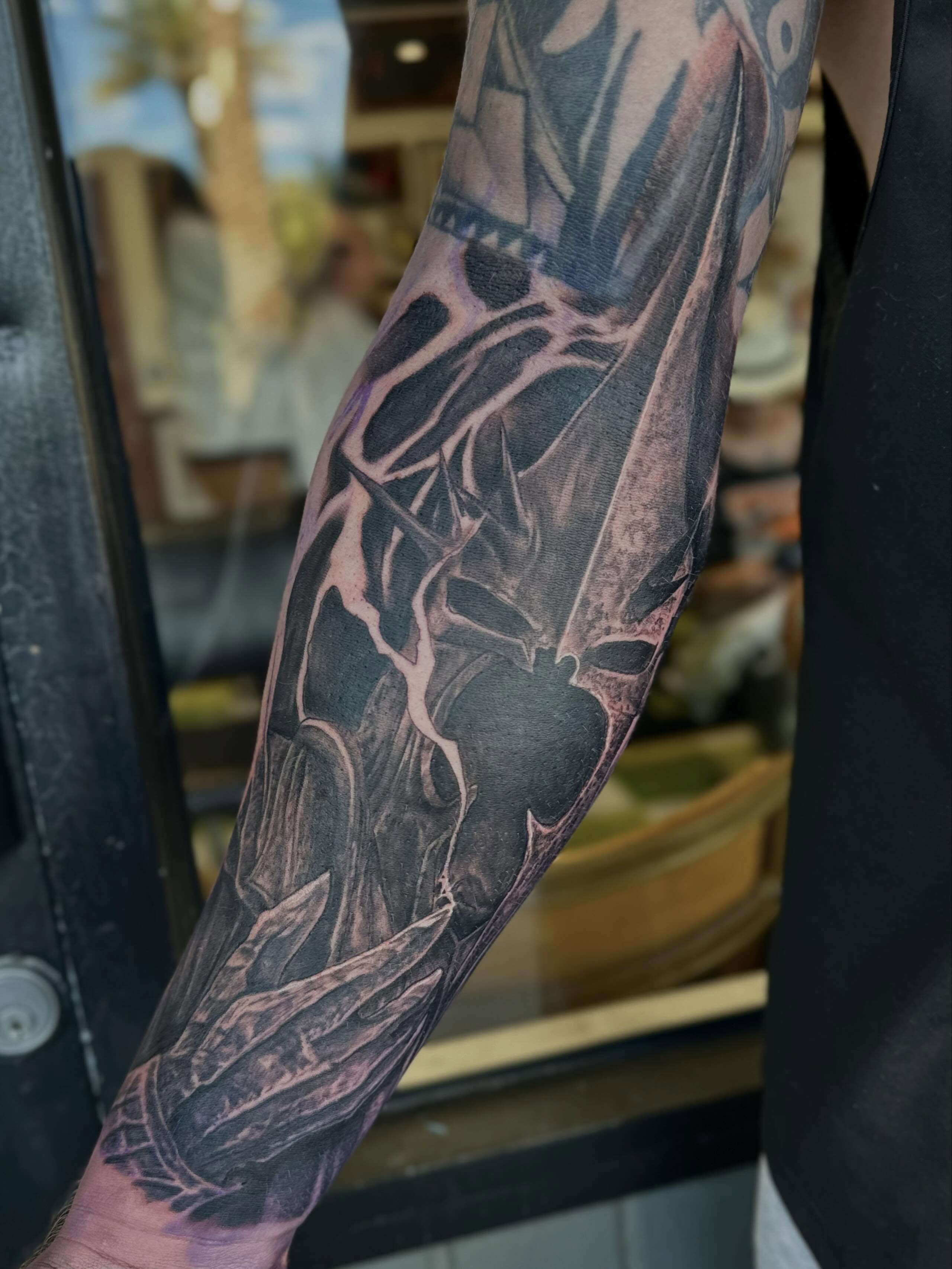 Demon dark realism tattoo on the forearm by Mathilda Quynh
